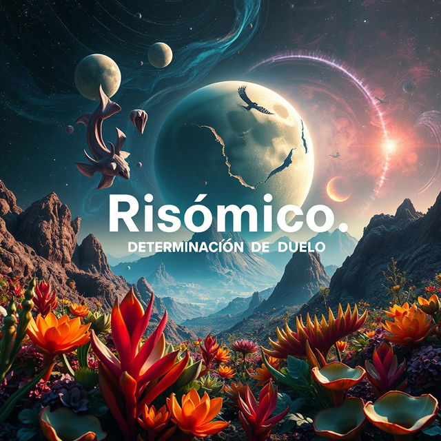 A captivating and surreal scene titled 'Risómico: Determinación de Duelo', featuring a distant planet characterized by its unique environment