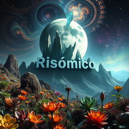A captivating and surreal scene titled 'Risómico: Determinación de Duelo', featuring a distant planet characterized by its unique environment