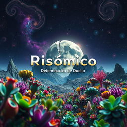 A captivating and surreal scene titled 'Risómico: Determinación de Duelo', featuring a distant planet characterized by its unique environment