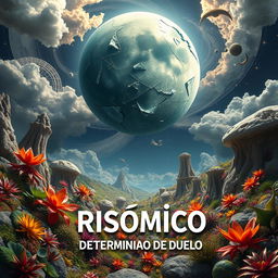 A fantastical and surreal scene titled 'Risómico: Determinación de Duelo', portraying a mesmerizing alien planet