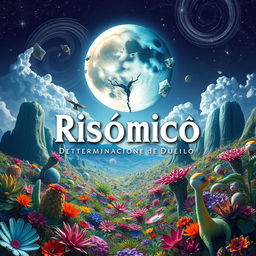A fantastical and surreal scene titled 'Risómico: Determinación de Duelo', portraying a mesmerizing alien planet