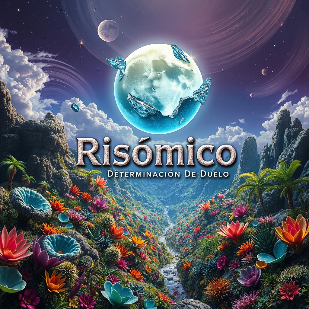 A fantastical and surreal scene titled 'Risómico: Determinación de Duelo', portraying a mesmerizing alien planet