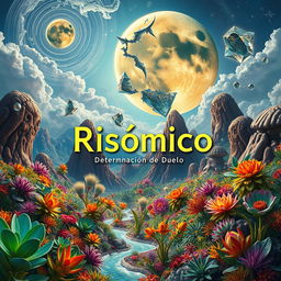 A fantastical and surreal scene titled 'Risómico: Determinación de Duelo', portraying a mesmerizing alien planet