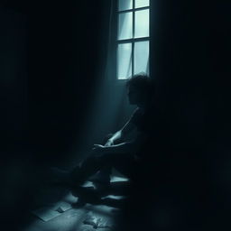 A dark and moody scene depicting a person sitting alone in a dimly lit room, surrounded by shadows