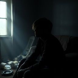 A dark and moody scene depicting a person sitting alone in a dimly lit room, surrounded by shadows