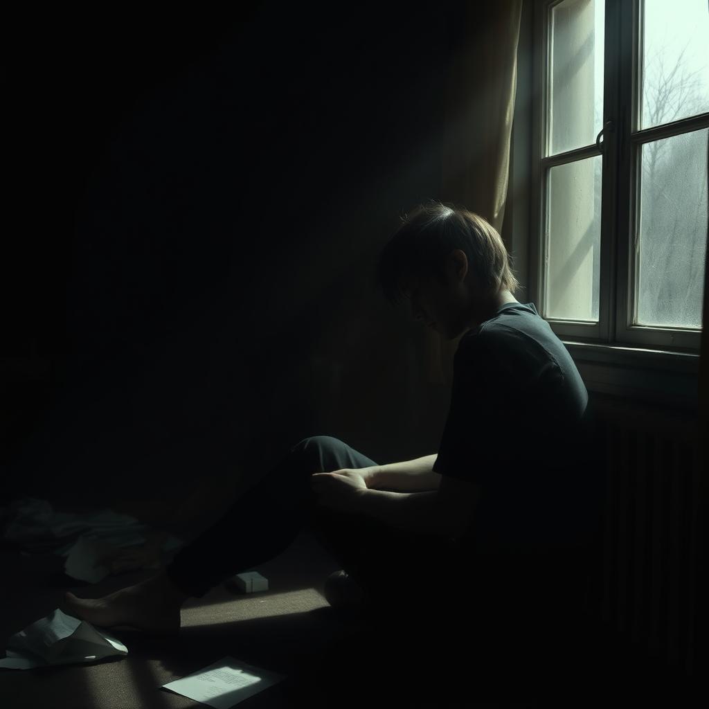 A dark and moody scene depicting a person sitting alone in a dimly lit room, surrounded by shadows