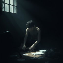 A dark and moody scene depicting a person sitting alone in a dimly lit room, surrounded by shadows