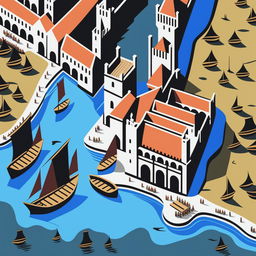 A high-resolution digital art image depicting a bird's-eye view of a vast medieval city by the ocean, featuring an open-air bazaar, wooden piers with ships, and an intricate sewer system