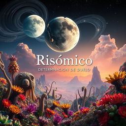 A dreamlike and vibrant scene titled 'Risómico: Determinación de Duelo', showcasing an alien planet with an extraordinary landscape