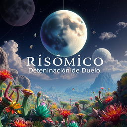 A dreamlike and vibrant scene titled 'Risómico: Determinación de Duelo', showcasing an alien planet with an extraordinary landscape