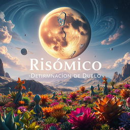 A dreamlike and vibrant scene titled 'Risómico: Determinación de Duelo', showcasing an alien planet with an extraordinary landscape