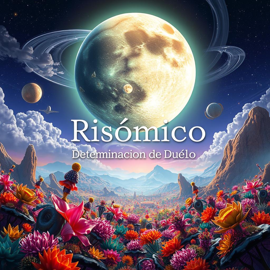 A dreamlike and vibrant scene titled 'Risómico: Determinación de Duelo', showcasing an alien planet with an extraordinary landscape