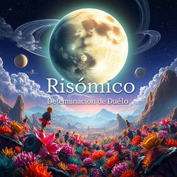 A dreamlike and vibrant scene titled 'Risómico: Determinación de Duelo', showcasing an alien planet with an extraordinary landscape