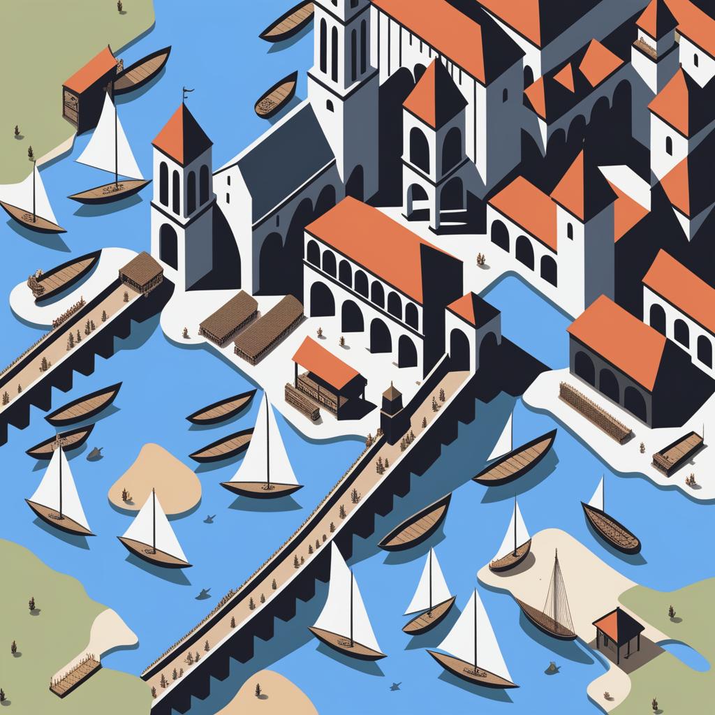 A high-resolution digital art image depicting a bird's-eye view of a vast medieval city by the ocean, featuring an open-air bazaar, wooden piers with ships, and an intricate sewer system