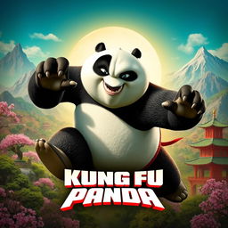 A vibrant and action-packed movie poster for "Kung Fu Panda 4", featuring the beloved character Po in a dynamic martial arts pose, showcasing his unique kung fu skills