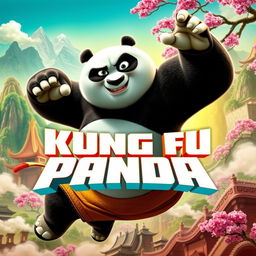 A vibrant and action-packed movie poster for "Kung Fu Panda 4", featuring the beloved character Po in a dynamic martial arts pose, showcasing his unique kung fu skills