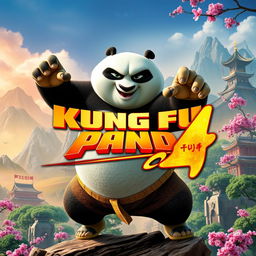 A vibrant and action-packed movie poster for "Kung Fu Panda 4", featuring the beloved character Po in a dynamic martial arts pose, showcasing his unique kung fu skills
