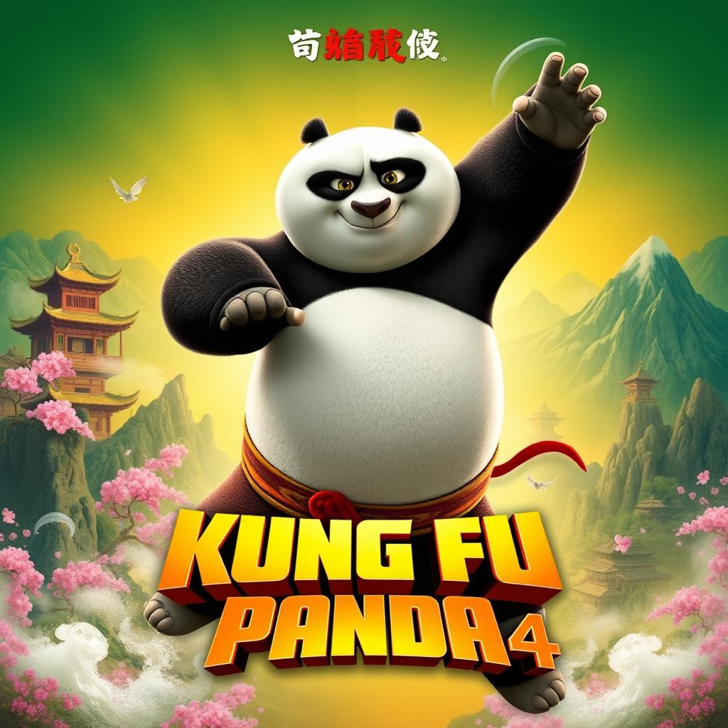 A vibrant and action-packed movie poster for "Kung Fu Panda 4", featuring the beloved character Po in a dynamic martial arts pose, showcasing his unique kung fu skills