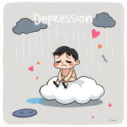 A whimsical and stylized cartoon illustration depicting the concept of depression in a light-hearted yet somber manner