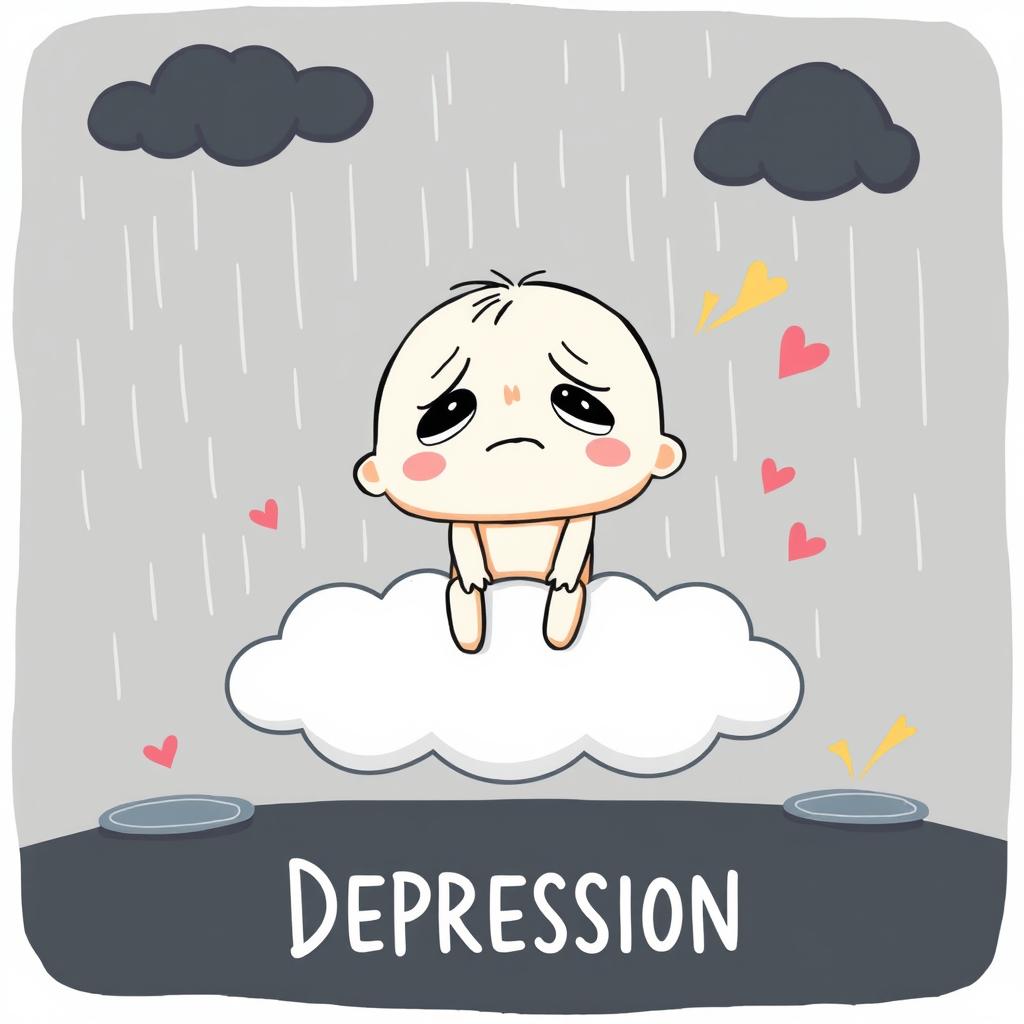 A whimsical and stylized cartoon illustration depicting the concept of depression in a light-hearted yet somber manner