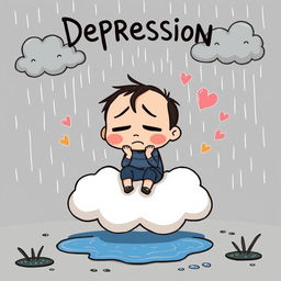 A whimsical and stylized cartoon illustration depicting the concept of depression in a light-hearted yet somber manner