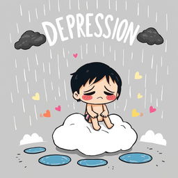 A whimsical and stylized cartoon illustration depicting the concept of depression in a light-hearted yet somber manner