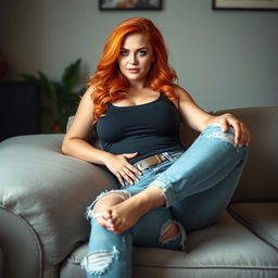 A curvy hourglass shaped woman with flame red hair lounges on a comfortable couch