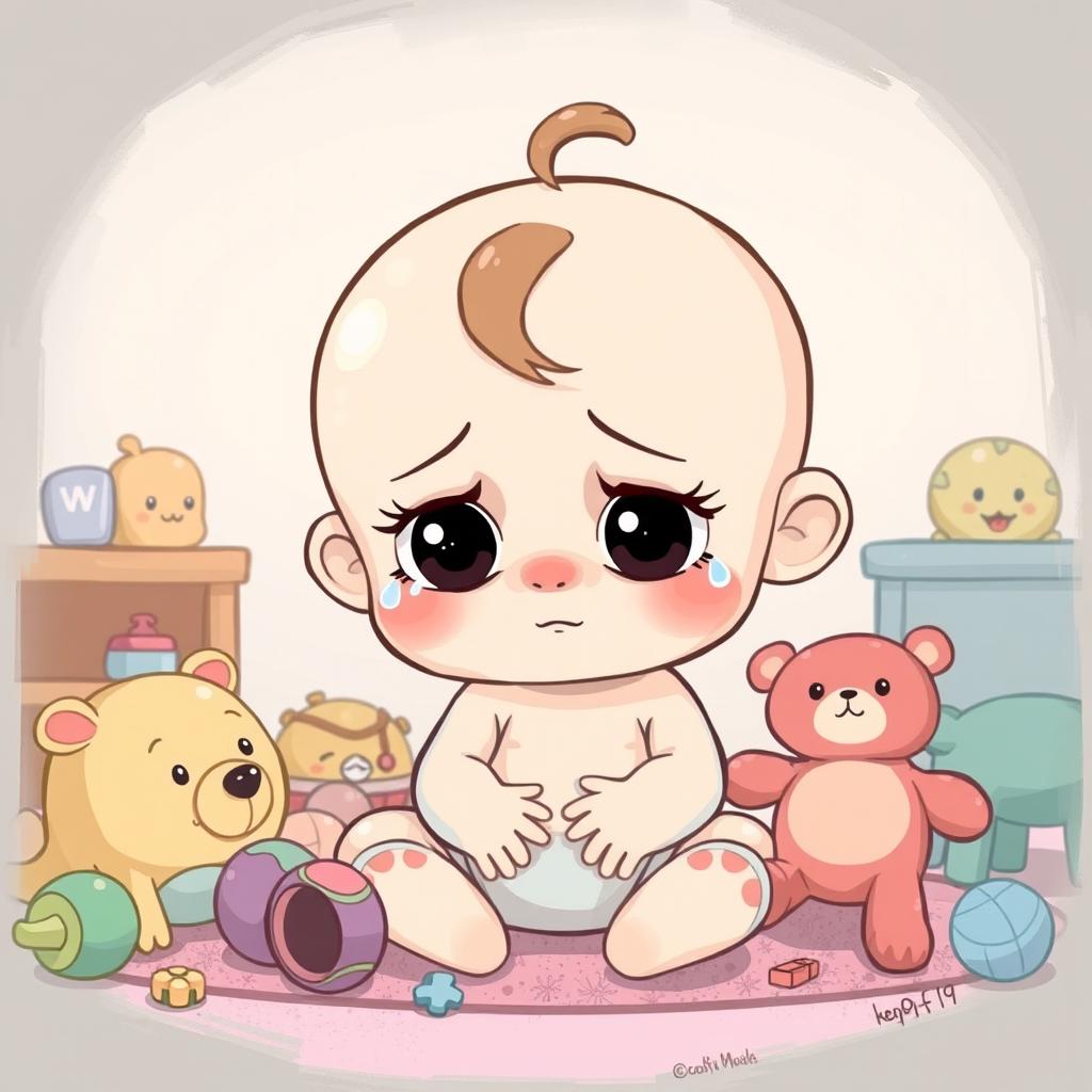 A whimsical cartoon illustration featuring a baby girl character expressing feelings of sadness or depression
