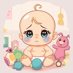 A whimsical cartoon illustration featuring a baby girl character expressing feelings of sadness or depression