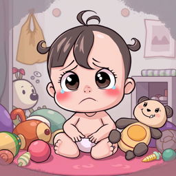 A whimsical cartoon illustration featuring a baby girl character expressing feelings of sadness or depression