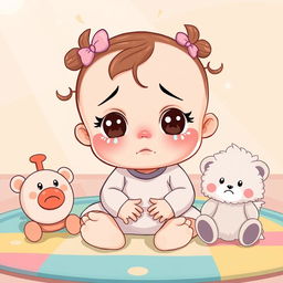 A charming cartoon illustration of a baby girl expressing sadness