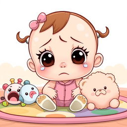 A charming cartoon illustration of a baby girl expressing sadness