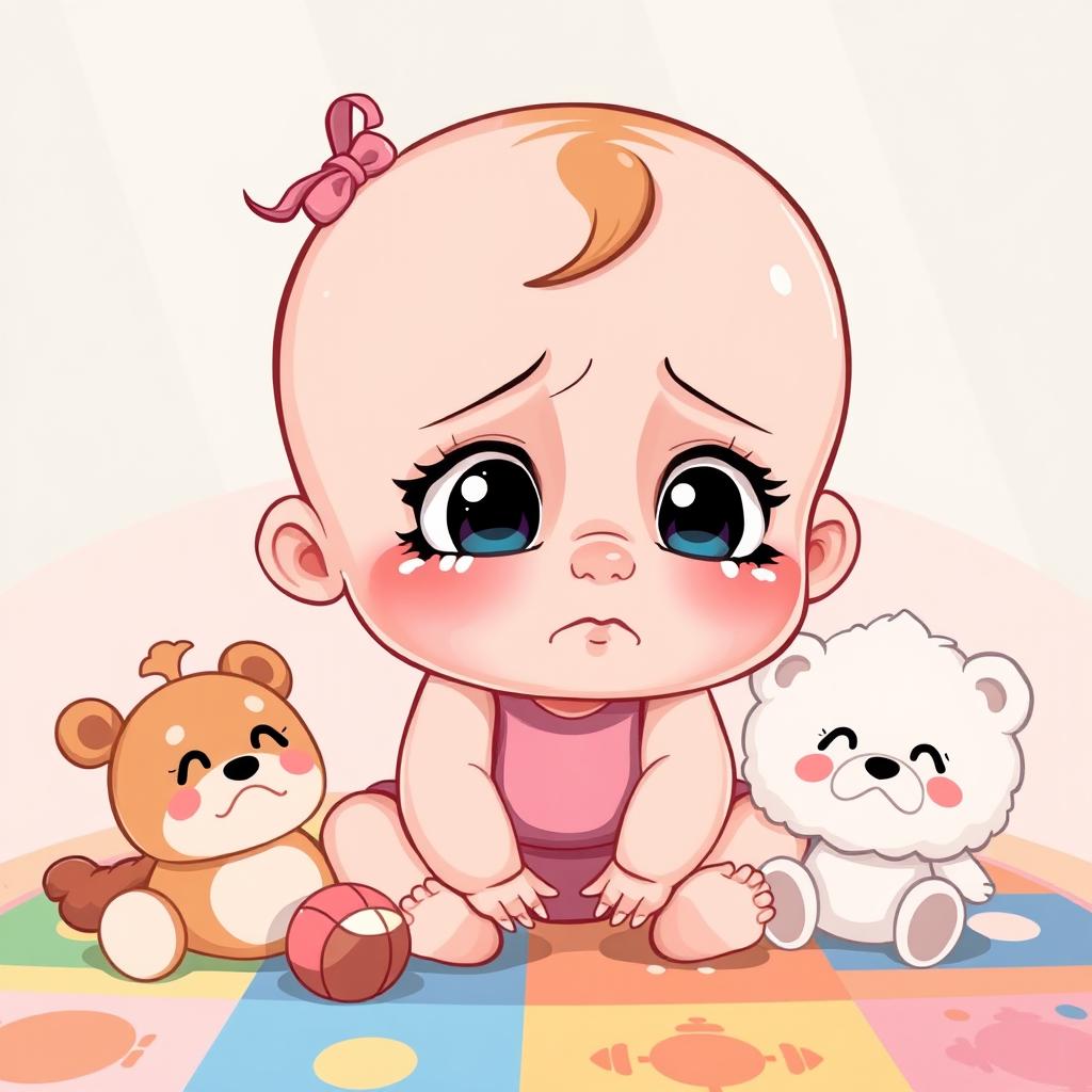 A charming cartoon illustration of a baby girl expressing sadness