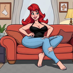 A cartoon-style illustration of a curvy hourglass shaped woman with flame red hair lounging on a couch