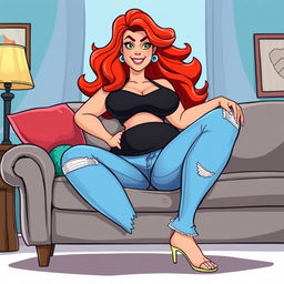 A cartoon-style illustration of a curvy hourglass shaped woman with flame red hair lounging on a couch