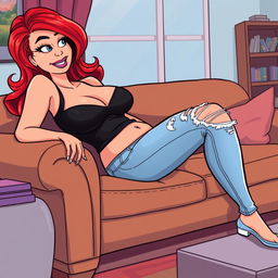 A cartoon-style illustration of a curvy hourglass shaped woman with flame red hair lounging on a couch