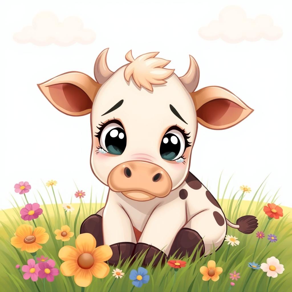 An adorable cartoon illustration of a calf with a sad expression