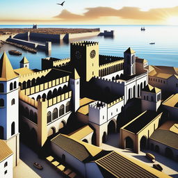 A photorealistic CGI render of a vast Medieval city by the ocean, viewed from a bird's-eye perspective