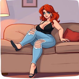 A realistic cartoon-style illustration of a curvy hourglass shaped woman with flame red hair lounging elegantly on a couch