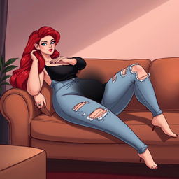 A realistic cartoon-style illustration of a curvy hourglass shaped woman with flame red hair lounging elegantly on a couch