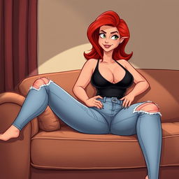 A realistic cartoon-style illustration of a curvy hourglass shaped woman with flame red hair lounging elegantly on a couch