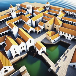 A photorealistic CGI render of a vast Medieval city by the ocean, viewed from a bird's-eye perspective