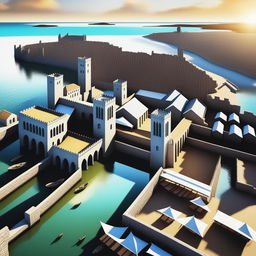 A photorealistic CGI render of a vast Medieval city by the ocean, viewed from a bird's-eye perspective