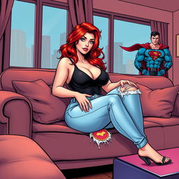 A very realistic comic book style illustration of a curvy hourglass shaped woman with flame red hair sitting in a sexy pose on a stylish couch