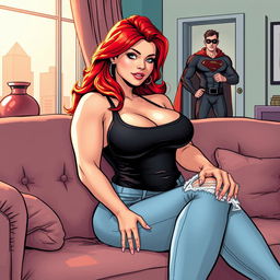 A very realistic comic book style illustration of a curvy hourglass shaped woman with flame red hair sitting in a sexy pose on a stylish couch