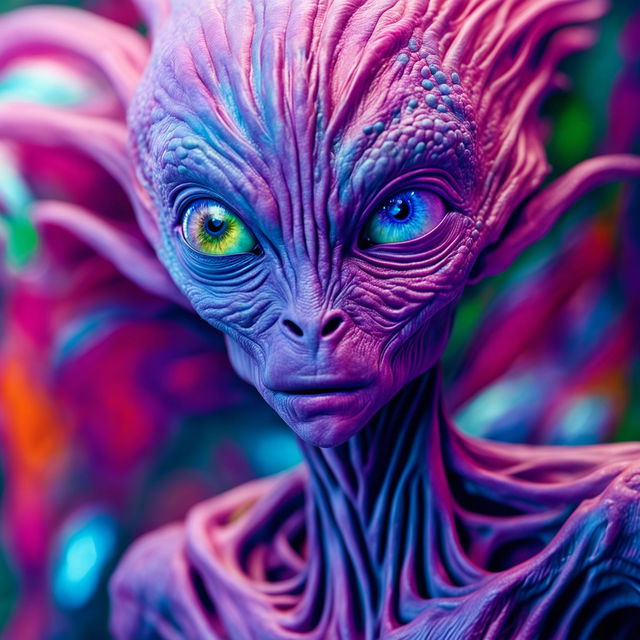 A hyper-realistic 3D cinematic photography of a beautiful lilac alien with human-like features