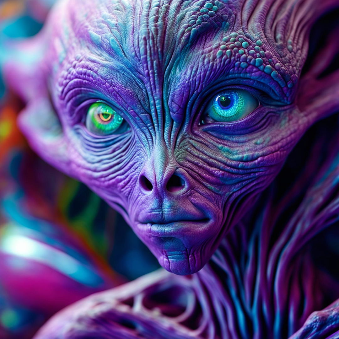 A high-definition, hyper-realistic 3D cinematic photograph of an enchantingly beautiful lilac alien with more human-like features