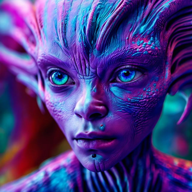 A high-definition, hyper-realistic 3D cinematic photograph of a beautiful alien-human hybrid with a radiant lilac skin