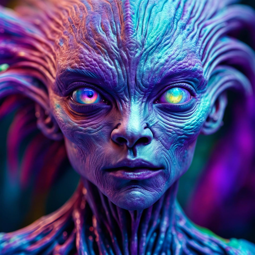 A hyper-realistic 3D cinematic photograph of an extraordinarily beautiful alien-human hybrid with radiant lilac skin