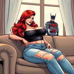 A very realistic comic book style illustration of a curvy woman with flame red hair in an exaggerated hourglass shape, sitting in a provocative position on a stylish couch